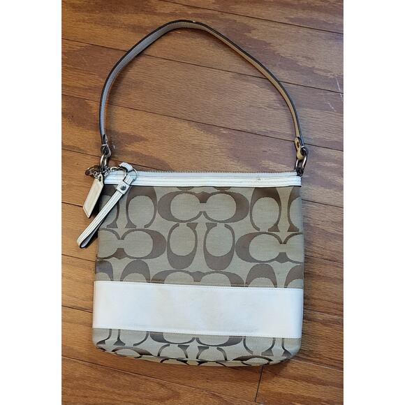 Vintage Coach Signature Brown Tan Canvas Cream Stripe Zip Medium Shoulder Bag - Picture 1 of 16
